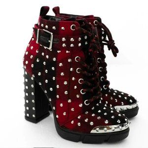 Gianni Bini Red Black Plaid Studded Chunky Heel Ankle Boot Bootie Lug Size 6.5 M